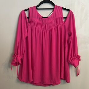 Loft Hot Pink Open Shoulder Long Sleeve Top Tie Sleeve Pleated Blouse Size S